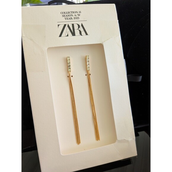 Zara Womens NWT Cascade Rhinestone Earrings Golden Front & Back Tassel Waterfall - Picture 1 of 9